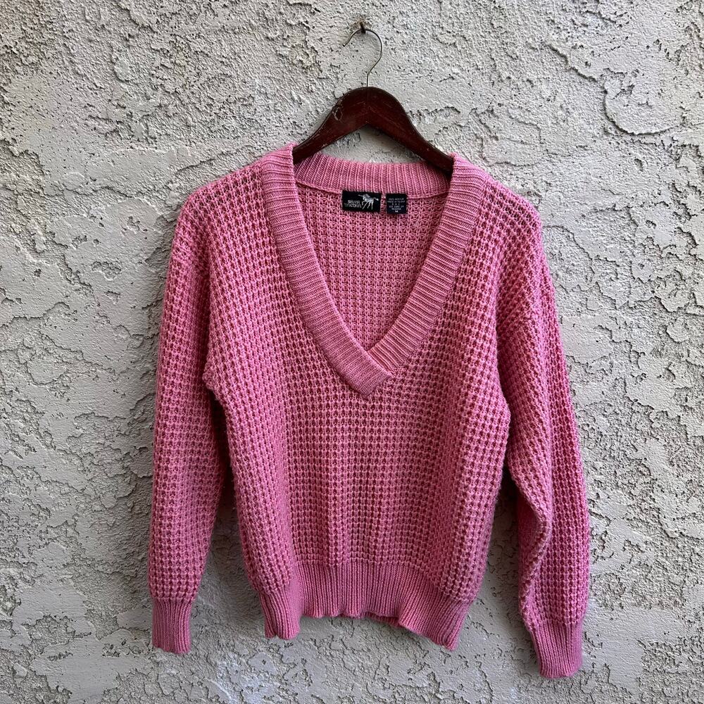 Vintage Silver Unicorn Chunky Pink Knit V Neck Sweater Size Medium